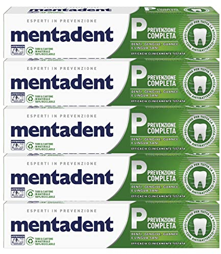 5x Mentadent Prevenzione Completa Dentifricio Protezione per Tutta la Bocca con Zinco Antibatterico - 5 Flaconi da 75 ml ognuno