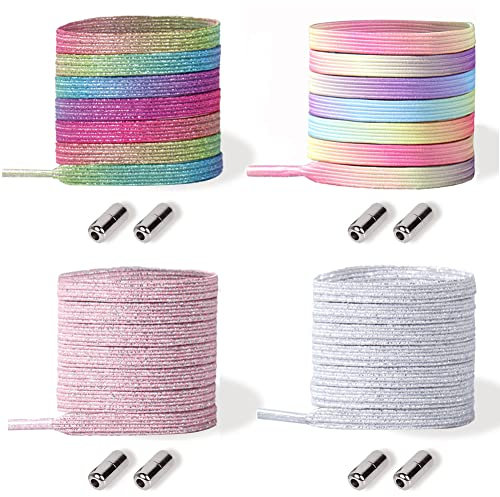 Lacets elastique enfant adulte, Plats Lacet elastique sans noeud avec Fermeture en Métal, 100CM, 4 paires 2 iridescent+blanc+rose
