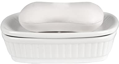 Seifenschale Umlaca Seifendose Keramik,Doppelt ablaufende Seifenhalter Porzellan,Seifenablage Vintage Leicht zu reinigen,trocken,Seifenbox Geeignet für Küche, Bad, Dusche Weiß