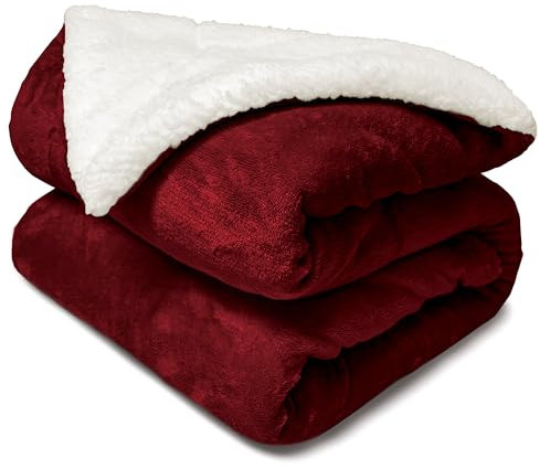 DALINA TEXTIL S.L Manta de Franela y Borreguito Suave 160x220 cm | Gruesa para Sofá Cama Invierno | Reversible y Abrigada | Rojo Tinto
