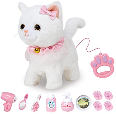 RuiDaXiang Plüschtierkatze mit Ferngesteuerter Leine, realistische interaktive Haustierkatze,die läuft,bellt und mit dem,inklusive Katzenzubehör(Weiß Katze)