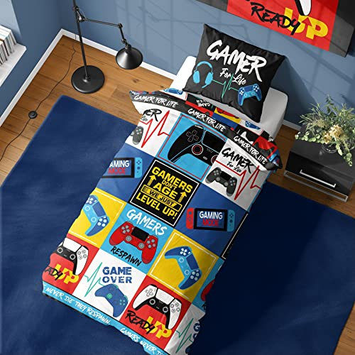 Gamer Single Duvet Cover - Gamers Respawn Level Up Design - Reversible Bedding Set - Polycotton