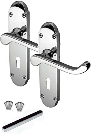 Golden Grace Victorian Scroll Door Handles on Shaped Backplate Lever Lock in Polished Chrome Finish