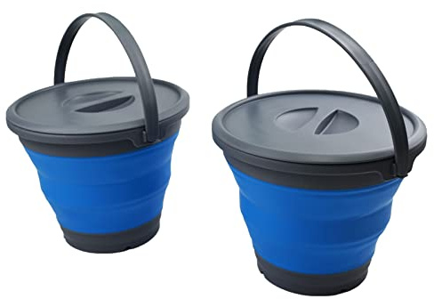 SAMMART 5.5L Collapsible Plastic Bucket with Lid - Foldable Round Tub with Lid - Portable Fishing Water Pail - Space Saving Outdoor Waterpot. (Grey/Blue (Set of 2))