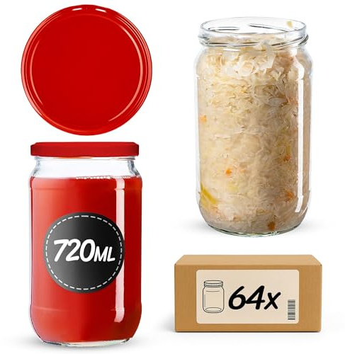 KADAX 64er Set Einmachgläser 720ml TO82 Rot, Große Sturzgläser mit Schraubdeckel, Einkochgläser Fermentierglas für Gurken, Gemüse, Sauerteig