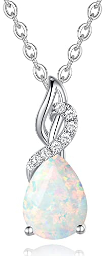 FANCIME 14 Karat 585 Weiß Gold Tropfen Anhänger mit 925 Silber Kette Edelstein Halskette Opal echt 0.28ct Diamant Geschenk Schmuck für Damen