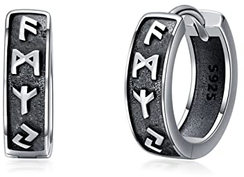 Unisex Schwarz Creolen 925 Sterling Silber Wikinger Rune Creolen Ohrringe Schlafen Kreolen Ohrringe Klapp Creolen Ohrringe Ohrschmuck Geschenk für Männer Frauen…