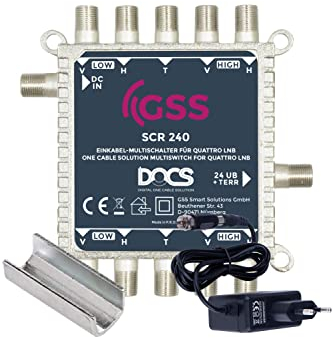 GSS Multischalter kaskadierbar 24 Teilnehmer 1 Satellit mit Netzteil, Einkabellösung - DOCS/DCSS, für Quattro LNB, Satverteiler, Multiswitch, Satellit, Digital HDTV FullHd 4K UHD 8K 1080p - SCR240
