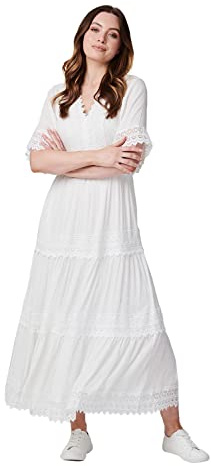 Izabel London Short Sleeve Crochet Maxi Dress for Women UK with V-Neck, Crochet Trim and Tiered Skirt. White