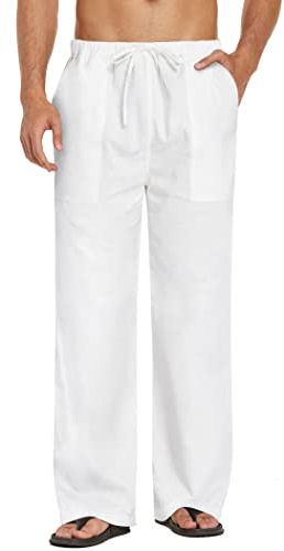 COOFANDY Leinenhose Herren mit Tunnelzug Herrenhose Leicht Sommerhose Freizeithose Einfarbig Hosen mit Taschen Reinweiß XXL
