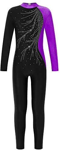 TiaoBug Ganzkörper Turnanzug für Mädchen Langarm Gymnastikanzug Kinder Leotard Ballett Trikot Glitzer Einteiler Body gr. 98-170 Violett Ganzkörper 134-140/9-10 Jahre