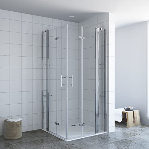 Duschkabine 140x100 cm Eckeinstieg Falttüren an Festteilen Eckdusche mit Duschtür Doppeltür Pendeltür Drehfalttür rahmenlose Eckduschwand Glas Eckablage Eckregale für Duschwanne Bodengleiche Dusche