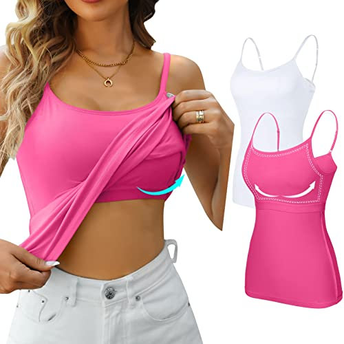 CharmLeaks Women Basic Camisole for Women Cami Tanks Adjustable Spaghetti Straps Tank Top White/Pink M