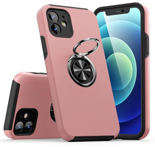 KRAFTCARE Case Compatible for iPhone 12 with Kickstand Ring and Screen Protector, Shockproof and Anti Scratch Magnetic Built-in Ring Stand Case Compatible for iPhone 12 - Pink