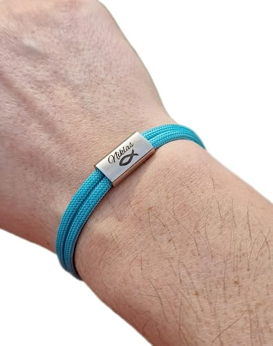 Gravur Armband mit Namen und Fisch, Taufe, Surfer Armband, personalisiertes Geschenk, Schmuck, Familie, Kommunion, Muttertag, Konfirmation