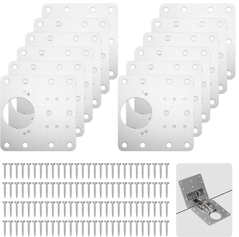 Frevoitna 12 Piezas placas de reparación de bisagras, acero inoxidable placas de soportes puertas armario de cocina, con orificio y 72 tornillos, para muebles de madera