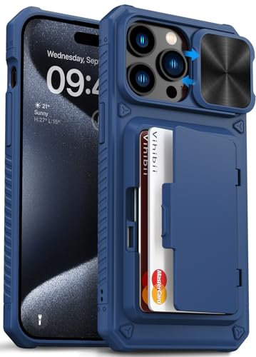 Vihibii for iPhone 15 Pro Max Wallet Case with Card Holder (4 Cards) & Slide Lens Protective Cover & Kickstand & Raised Edges Protect Screen, Shockproof Rugged Case for iPhone 15 Pro Max 6.7, Blue