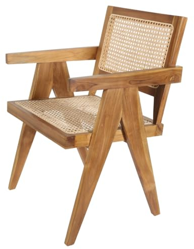 NICO Teak Rattan Armchair Light Brown with Armrests, Retro Chair Made of Solid Wood and Rattan, Armrest Chair, Wide and Stable for Garden, Patio, Kitchen, Lounge, Dining Room, AL2020