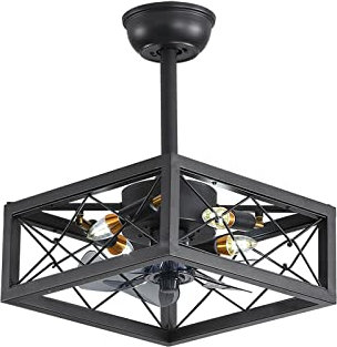 WDENI Caged Ceiling Fan with Lights and Remote, 16 Industrial Ceiling Fans with Lamps, Vintage Fan Light with 6 Speeds AC Motor Timer for Living Room Kitchen Bedroom Farmhouse (Black)