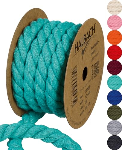 Halbach Seidenbänder Cordoncino di cotone riciclato, larghezza 10 mm/lunghezza 4 metri, filato di cotone sostenibile per macramè, corda naturale per fai da te, colore: turchese