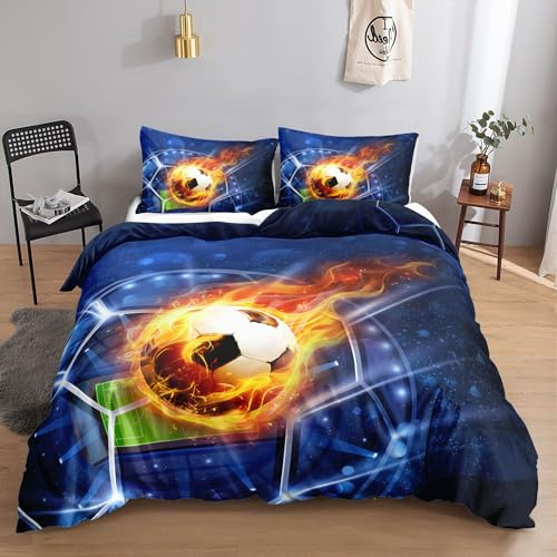 HOSIMA Bettwäsche-Set für Flammenfußball für Erwachsene, Jungen und Mädchen,Flammenfußball-Aufdruck, Bettbezug mit 2 Kissenbezügen (Flammenfußball04 M)