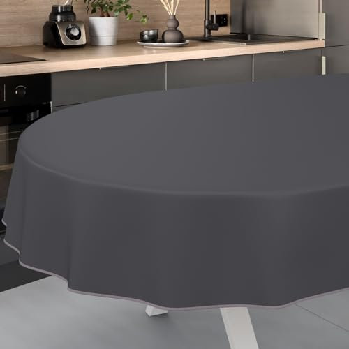 Wachstuch-Tischdecke Tischdecke abwaschbar Wachstuch Garten-Tischdecke Outdoor Indoor Oval 220x140cm mit Saum Anthrazit