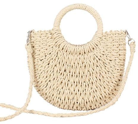 Inshere Damen Strohstrandtasche Gewebte Umhängetasche mit Henkelhandtasche für den Sommer Weiß