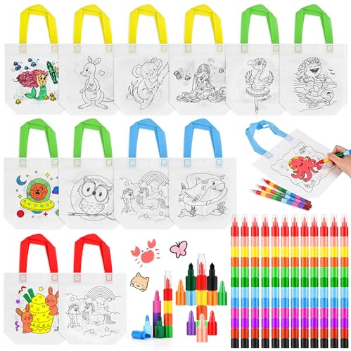 Tigvio Taschen zum Bemalen für Kinder, 12 Stück DIY Graffiti Non-Woven Stoffbeutel zum Bemalen mit 12 x 10 Farben in 1 Stapelbare Wachsmalstifte, Beutel zum Bemalen Tasche Kinder für Kindergeburtstag