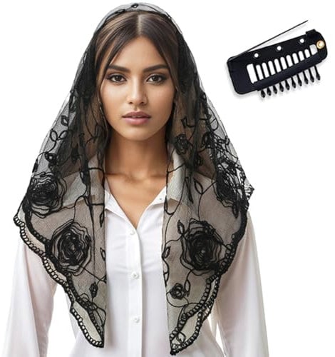 YAEISM Kapellenschleier mit Blumenmuster, Spitze, Gebetstuch, Schleier, Blume, bestickt, schwarzes Kopftuch, Masse, Mantilla, Erstkommunion, Schleier für Kirche und rutschfeste Chunni-Clips, Set,