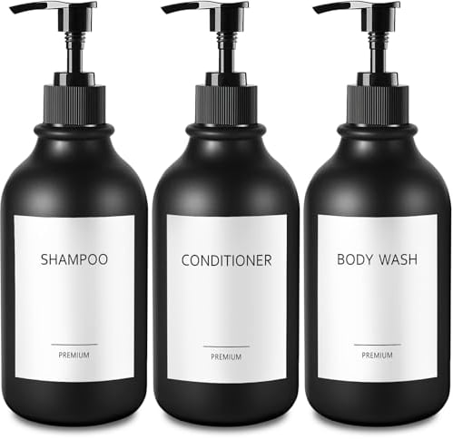 GMISUN Shampoo and Conditioner Dispenser, 17 Fl oz / 500ml Black Shampoo and Conditioner Bottles, Refillable Shower Dispenser with Pump, 3 Pcs Shower Gel, Body Wash, Lotion, Soap Bottles for Bathroom