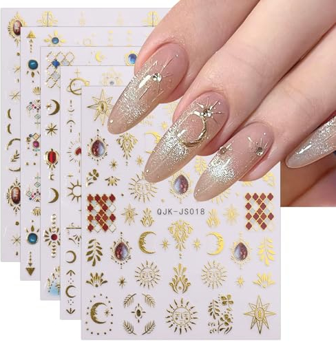 JMEOWIO 9 Sheets Heart Moon Star Sun Nail Art Stickers Decals Self-Adhesive Colorful Gold Nail Supplies Nail Art Design Decoration Accessories