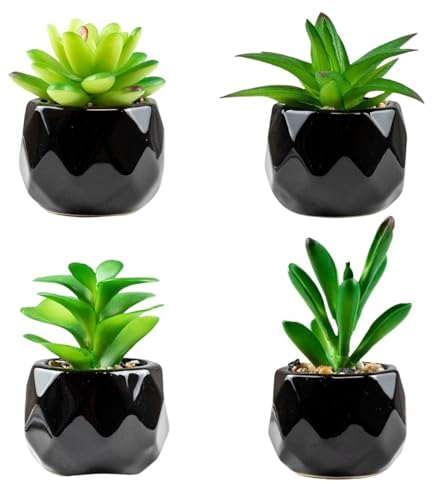 ANCDTVV Artificial Succulent Plants,Mini Fake Succulents Set of 4,Mini Black Ceramic Potted Green Succulents Decoration,Faux Desk Plant for Bathroom,Living Room, Office Decoration. (Green-4)