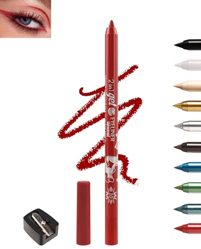 Roter Gel Eyeliner, Cremig Wasserfest Kajalstift, Langanhaltend, Wischfeste Augenstift mit Anspitzer, Hochpigmentierter Mkroglitter Lidschattenstift, Veganer und Tierversuchsfreier Augen Makeup-10