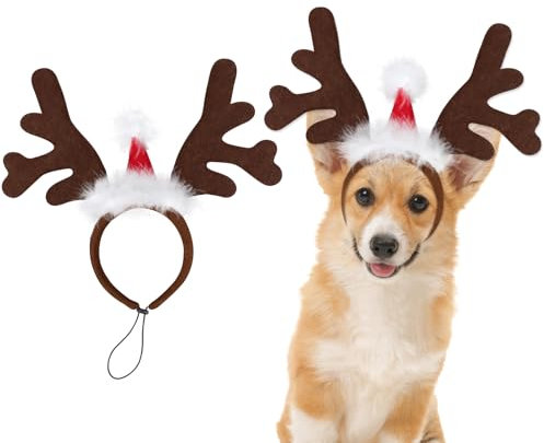 Mfsdai Hund Weihnachten Rentier Geweih Hundemütze Kopfschmuck, Verstellbare Weihnachtshaarreif Hunde Weihnachtskostüm Zubehör für Kleine und Mittelgroße Katzen und Hunde