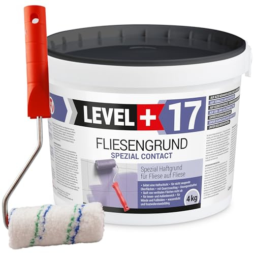 Level + 17 Fliesengrund Spezial Contact für Fliese auf Fliese, 4 kg | Spezial-Haftgrund mit Quarzsand für Fliesen, Glasmosaik - Grundierung für Innen & Außen - Lösemittelfrei -mit Farbroller