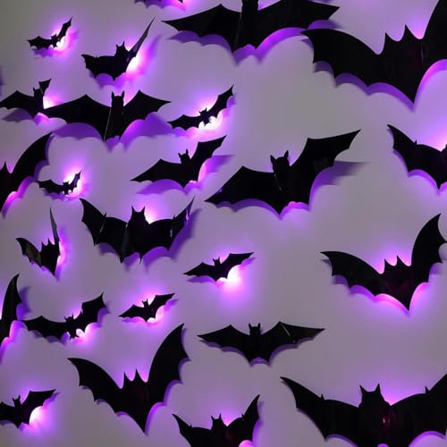 24pcs Halloween Deko,Halloween Deko Outdoor 3D Led Lila Fledermaus Deko,Halloween Fensterdeko Wandaufkleber Halloween Party Dekoration Sticker Innen AußEn Haus BäUme Garten Patio