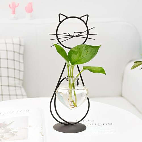 Glasblumenvase Herzform, Hydroponische Vermehrungsvase mit Katze Metall Pflanzenständer Innenbereich, Vermehrungsstation für Pflanzen, Desktop Blumenständer für Zuhause Büro Festlich Dekoration