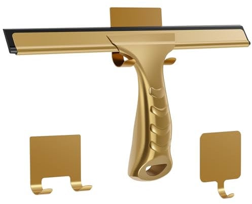 Shower Squeegee, Window Squeegee, Stainless Steel Shower Screen Wiper - All-Purpose for Shower Glass Door, Mirror, Bathroom,10 Inches - Multi-Purpose with 2 Adhesive/Square Hooks for Cleaning (Gold)