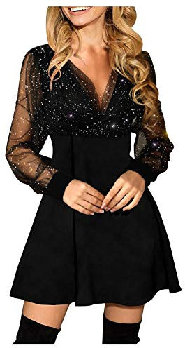 kndazIn Damen Cocktailkleid Pailletten Glitzer Lang Ärmel Schwarz M Elegant Party Winter Hochzeit Paillettenkleid Sexy Fasching Kostüm