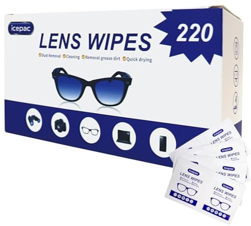 Glasses Wipes Lens Cleaner-220 Pre-Moistened Individual Wrapped Eye Glasses Cleaning Wipes | Glasses Cleaner Safely Cleans Glasses, Sunglasses, Phone Screen, Electronics & Camera Lens