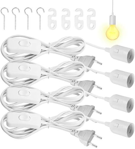 GOEDCH E27 Lampenfassung mit Schalter und Kabel: 4 Stück 5M Netzkabel mit EU-Stecker, Fassung E27, Lampenaufhängung für Pendelleuchte & Deckenlampe, Weiß