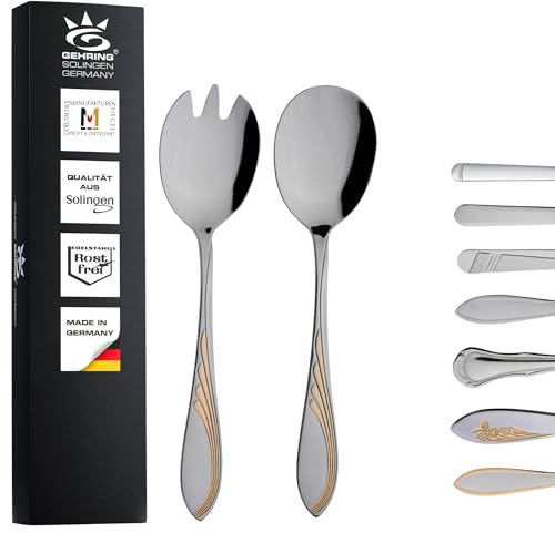 Gehring Solingen Filou Salatbesteck dekorvergoldet 2-teilig I Edelstahlbesteck I Salatlöffel I Salatgabel I Servierbesteck I Edelstahlbesteck I spülmaschinengeeignet I Made in Germany