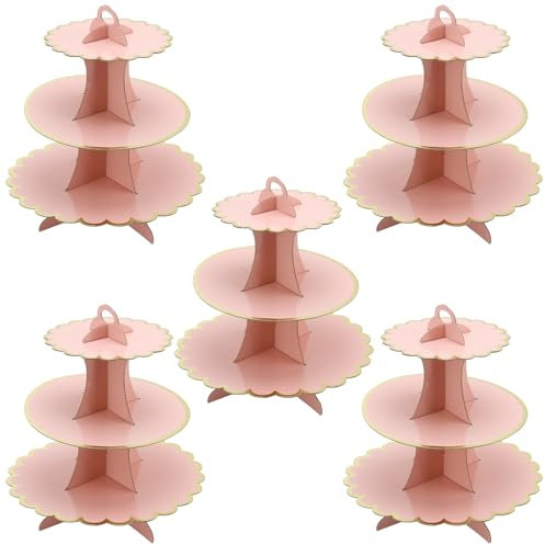 MOUYAT 5 Pack Cardboard Cupcake Stand, 3 Tier Pink Cupcake Stand, Afternoon Tea Cake Stands, Cupcake Holder for Weddings, Parties, Afternoon Tea