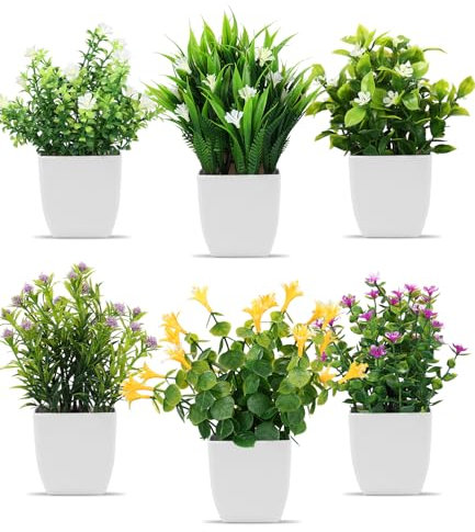 Hixava Künstliche Pflanzen 6 Stück Mini Kunstpflanze Gefälschte Kleine Kunstpflanzen im Topf Künstliche Pflanzen Plastik für Schlafzimmer Badezimmer Küchen Zuhause Innen Deko mit Topf
