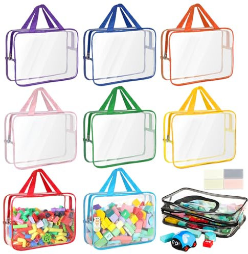 9 Packs Toy Storage Bags with Labels, Large PVC Reusable Clear Board Game Storage with Zipper, Travel Waterproof Organizer Bags for Building Blocks, Puzzle, Kids Books, Stationery (Large)