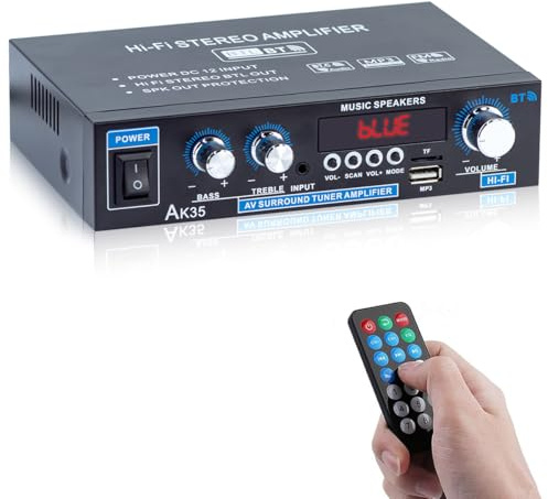 AK35 Bluetooth 5.0 Stereo Amplifier, 2.0 Channel Mini Audio Receiver, 30Wx2 Home HiFi Audio Amp with Bass/Treble Control for Home Theater, TV, Speakers, Car
