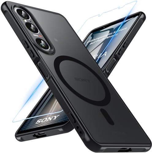 Hensinple für Sony Xperia 1 VII Hülle mit Panzerglas, Kompatibel Mit Mag-Safe, Magnetisch Matt Transluzente Stoßfest Handyhülle für Xperia 1 VII Hülle (Schwarz)