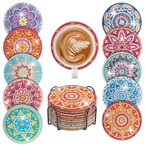 8 Pcs Diamond Painting Coasters with Holder Full Drill 5D DIY Craft Kits for Adults Beginners Kids Home Decor Crystal Art Coasters Sets (Mandala flower)
