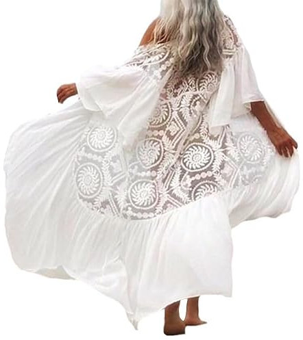 VersusModa Copricostume Caftano Lungo Donna Mare Pizzo Woman Boho Chic Spolverino COV0252 (IT, Testo, Taglia Unica, Regular, Regular, Bianco)