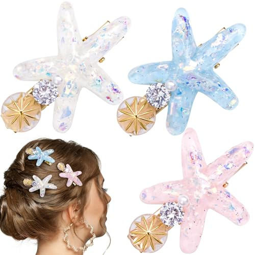 PAGOW 3 Pcs Starfish Hair Clips, Crystal Hair Clips, Sea Star Ponytail Holder, Crystal Wedding Headpiece Hair Accessories For Women, Bride (White, Blue, Pink)